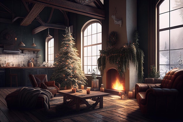 Kerstinterieur met open haard, kerstman, kerstboom, geschenken, raam met winterlandschap. illustratie.