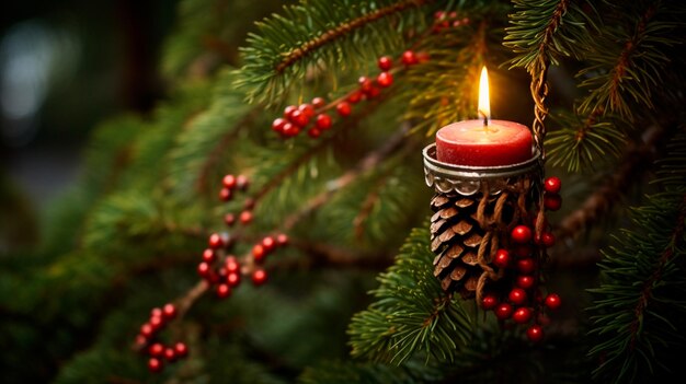 kerstkaars op een dennenboom met rode bessen en kaarsen