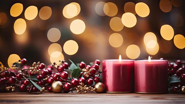 Foto kerstkaarsen en bessen op een houten tafel