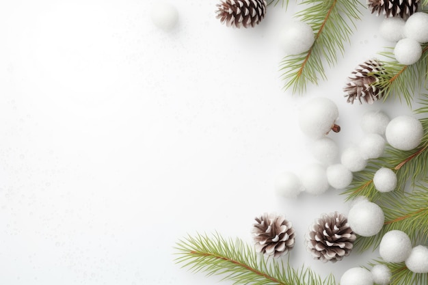 Kerstkaart met een gesneeuwde tak met versiering op een witte achtergrond Generatieve AI