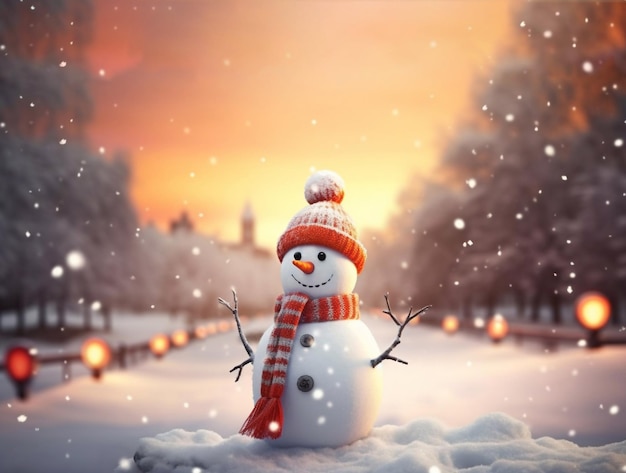 kerstkaart met gelukkige sneeuwman in de winter