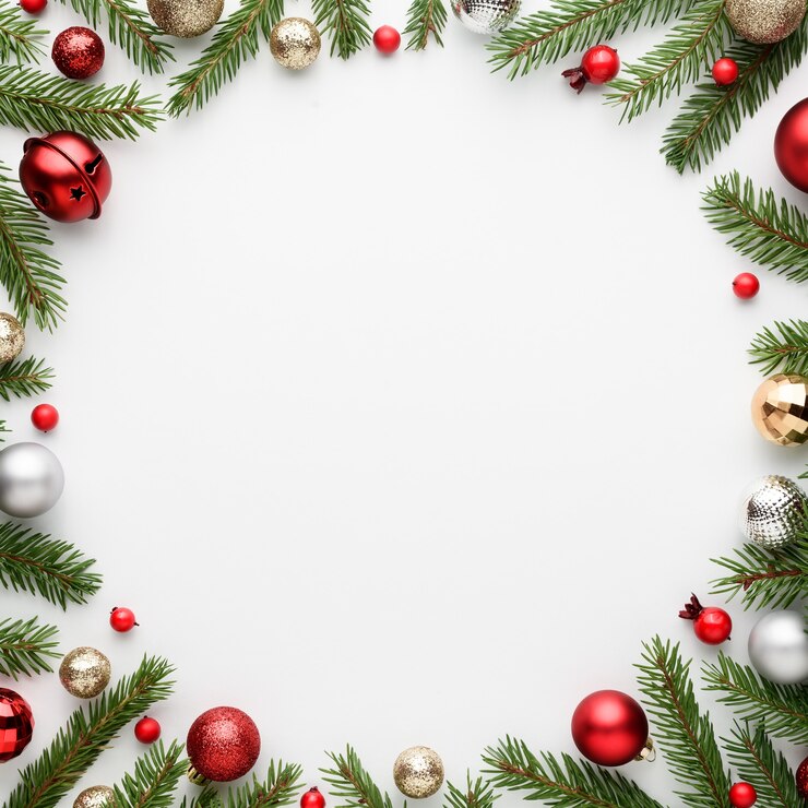 Foto kerstkaart met ronde frame op witte achtergrond. blanco met kopie ruimte voor reclametekst. bovenaanzicht, plat gelegd