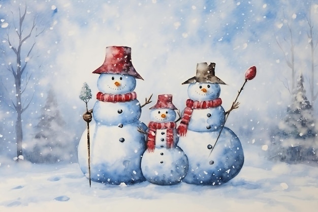 Foto kerstkaart met sneeuwpoppen die een paraplu vasthouden in de sneeuw decoratieve schilderijen
