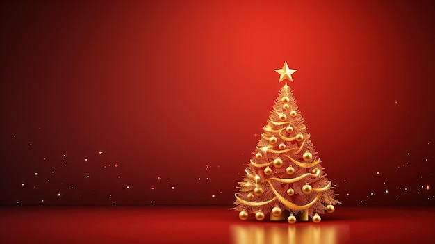 Kerstkaart sjabloon met rode achtergrond Xmas wintervakantie kaart met sparren en gouden ballen gegenereerd door AI