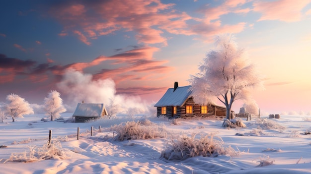 Kerstkaartidee oud huis aan de rand van een winterbos fantastische winterzonsondergang