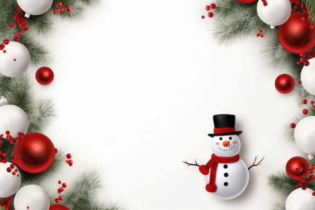 Kerstkaartontwerp met sneeuwpop en dennenboom met rode kerstballen