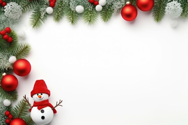 Kerstkaartontwerp met sneeuwpop en dennenboom met rode kerstballen