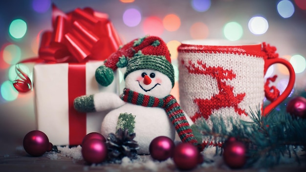 Kerstkaartspeelgoed sneeuwpop en leuke cadeaus foto met een copyspace