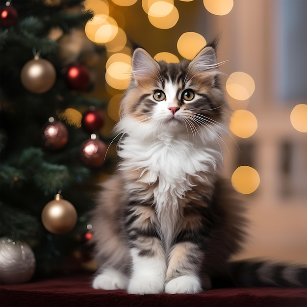 Foto kerstkat kitten met kerst achtergrond