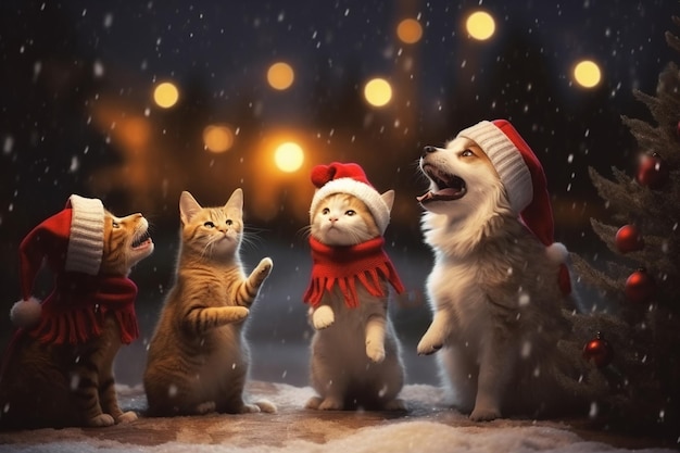 Kerstkatten en honden in truien en hoeden onder de sneeuw Lichten en kerstatmosfeer Generatieve AI