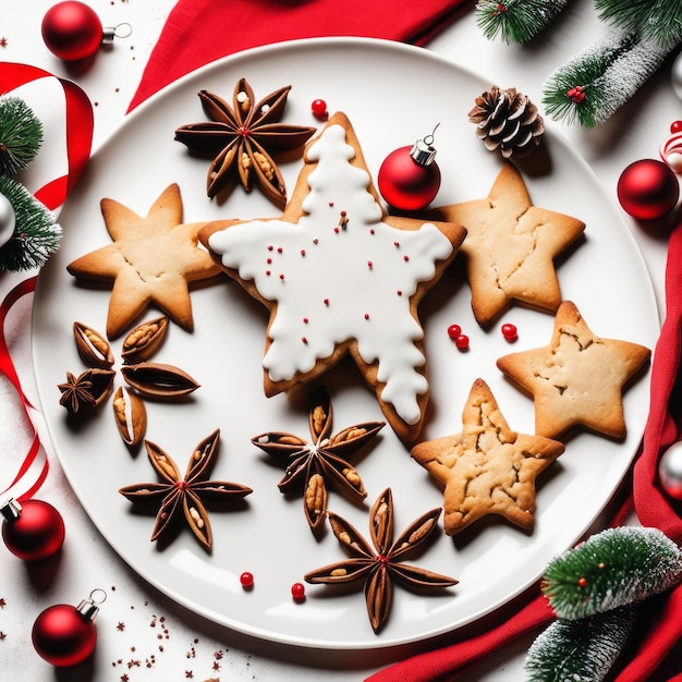 Kerstkoekjes in de vorm van een ster op een bord specerijen en walnoten zijn op tafel
