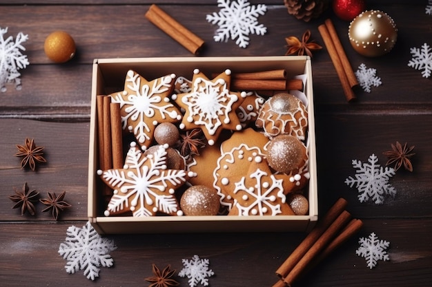 Kerstkoekjes in doos met peperkoekmannen sterren dennenappels op houten tafel Generatieve AI illustratie