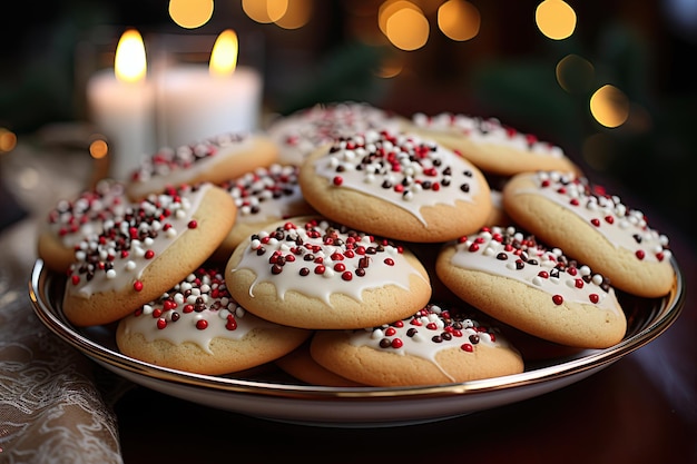 Kerstkoekjes op de feestelijke tafel met kaarsen.