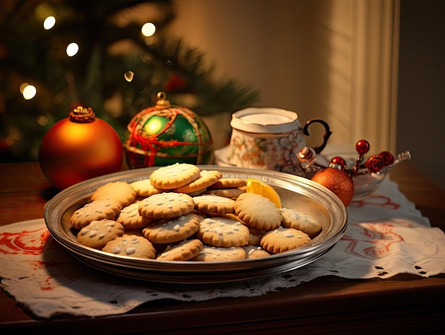 kerstkoekjes op een dienblad met een kerstboom op de achtergrond.