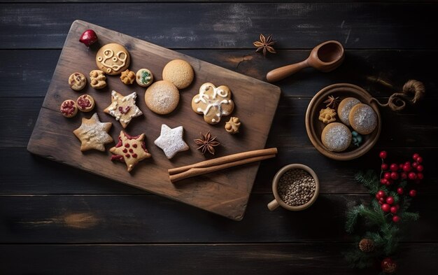 Kerstkoekjes op houten plank AI Generatieve AI