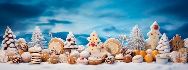 Kerstkoekjes op sneeuw en blauwe achtergrond KerstconceptAI Generatieve AI