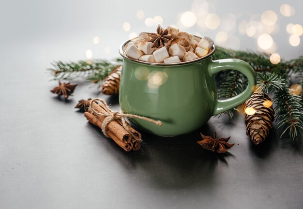 Kerstkop warme chocolademelk met marshmallow, kaneel en steranijs