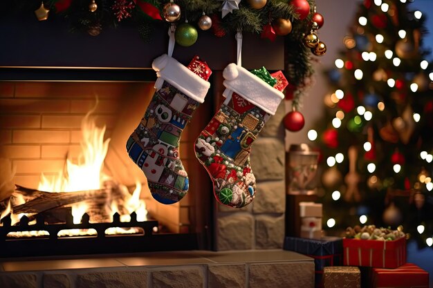 Kerstkousen voor geschenken hangen op een brandende open haard in een gezellige kamer die is ingericht voor de nieuwjaarsviering