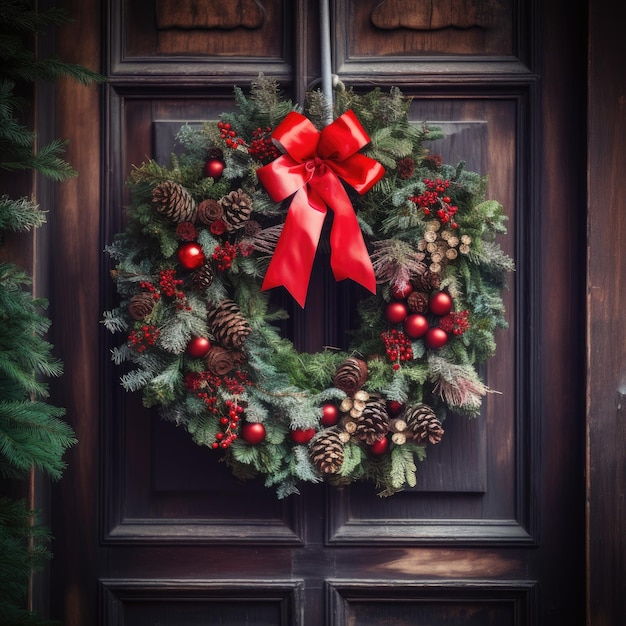 Kerstkrans hangend aan een houten deur versierd met rood lint