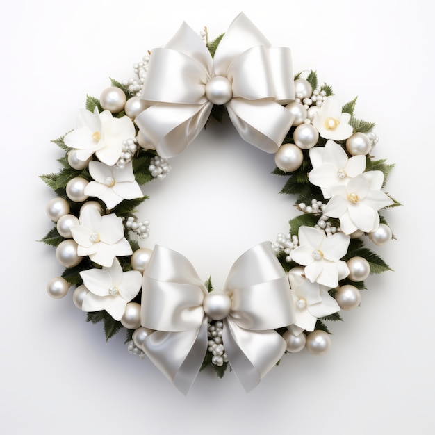 Foto kerstkrans versierd met miniatuur zilveren sleeën en delicate witte satijnen strikken