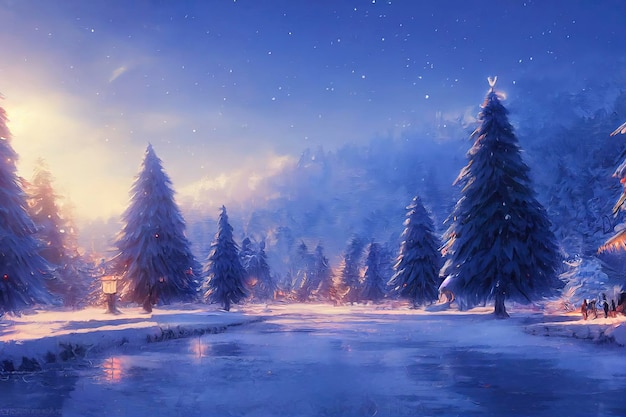 Kerstlandschap illustratie prachtig winterlandschap met kerstbomen en sneeuw