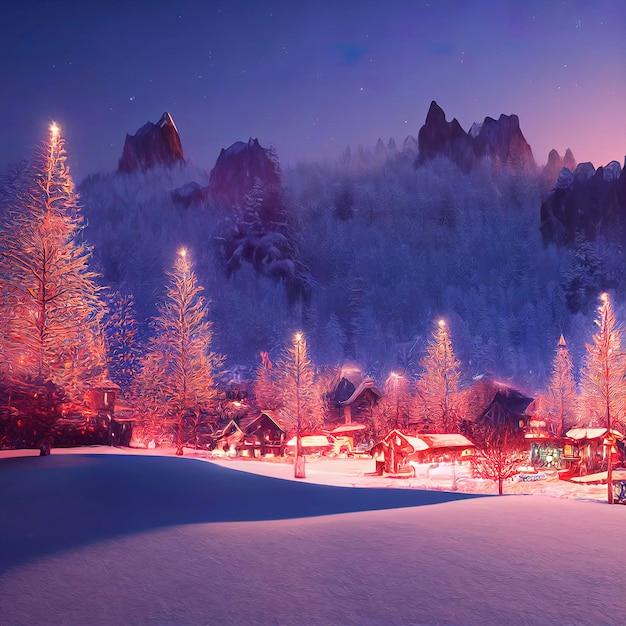 Kerstlandschap illustratie prachtig winterlandschap met kerstbomen en sneeuw