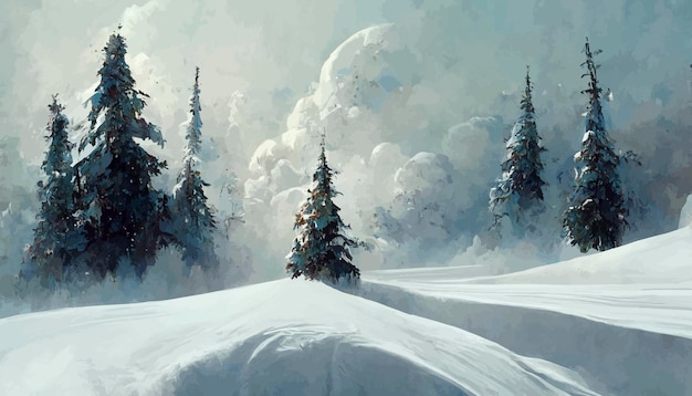 Kerstlandschap met sneeuw en bomen Kerstillustratie