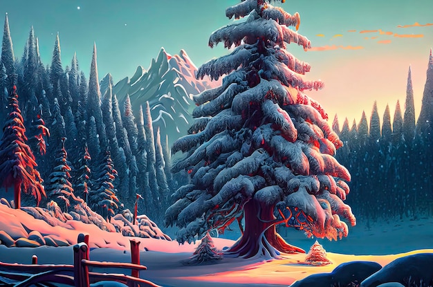 Kerstlandschap prachtig winterlandschap met kerstbomen en sneeuw