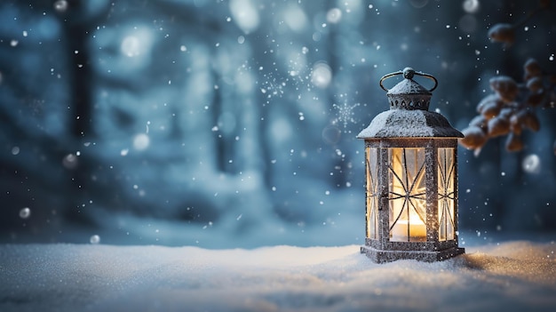 Kerstlantaarn in de sneeuw met winterbos achtergrond