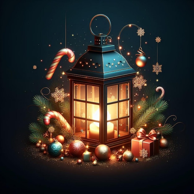 Kerstlantaarn met kerstelementen Mooie lantaarn op zwarte achtergrond