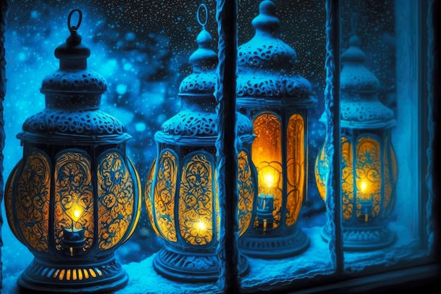 Kerstlantaarns op raam gloeiend in donkerblauwe tinten gemaakt met generatieve ai