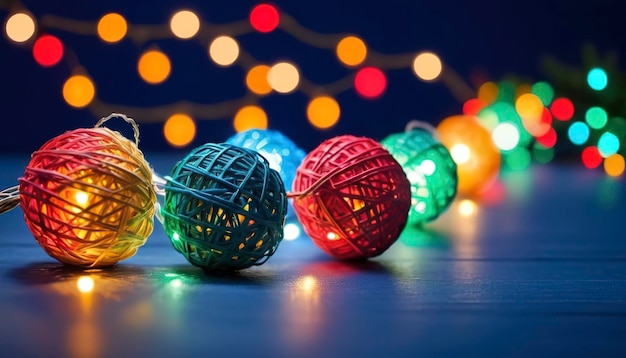 Kerstlichtkrans Wickerballen veelkleurig met wazige blauwe achtergrond