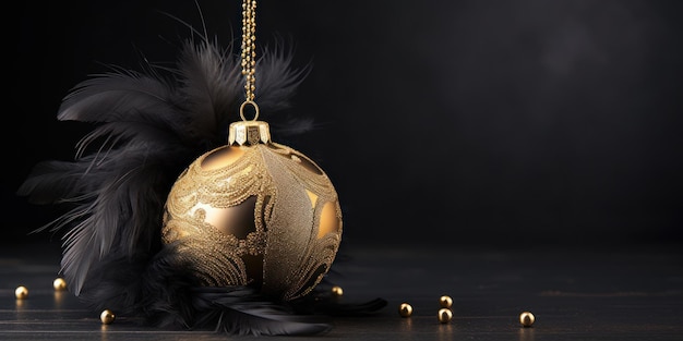 Kerstluxe gouden kerstbal met zwarte veren op een zwarte achtergrondbannerwenskaart voor