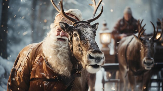 Kerstman bereidt een grote ingang voor met een prachtig versierde slee en rendieren Noordpool