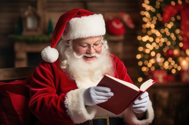 Kerstman die een boek leest op de achtergrond van een kerstboom