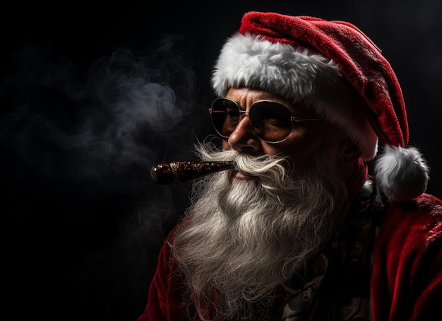 Kerstman draagt een zonnebril, rookt een sigaar en drinkt garde op donkere achtergrond Hoge kwaliteit foto