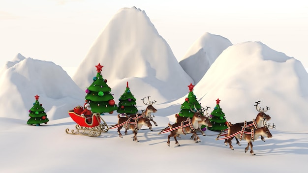 Kerstman draagt geschenken op een slee getrokken door herten 3D-rendering