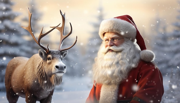 Kerstman en Rudolph in een prachtig winterwonderland met sneeuwlandschap