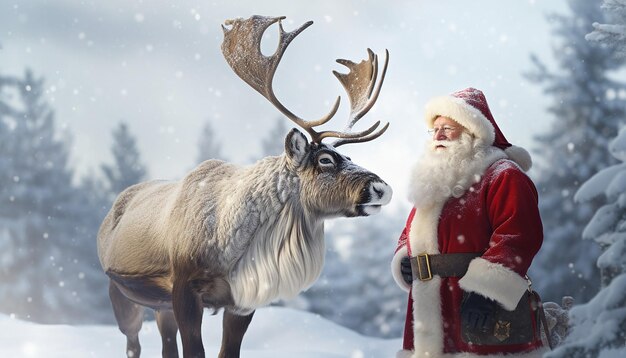 Foto kerstman en rudolph in een prachtig winterwonderland met sneeuwlandschap