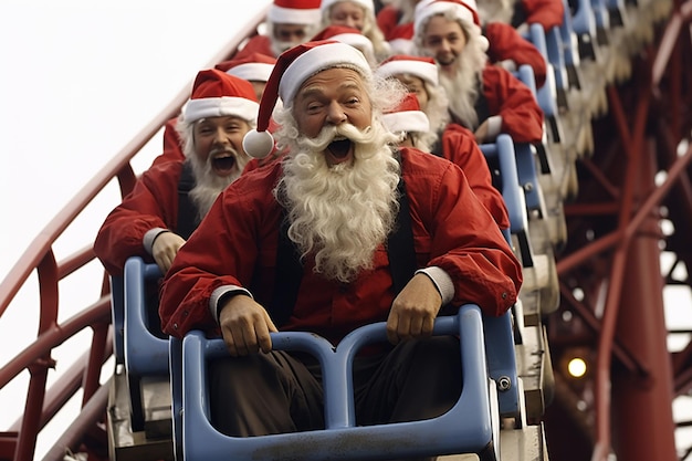 Kerstman en zijn vrienden hebben plezier op de achtbaan in een pretpark.