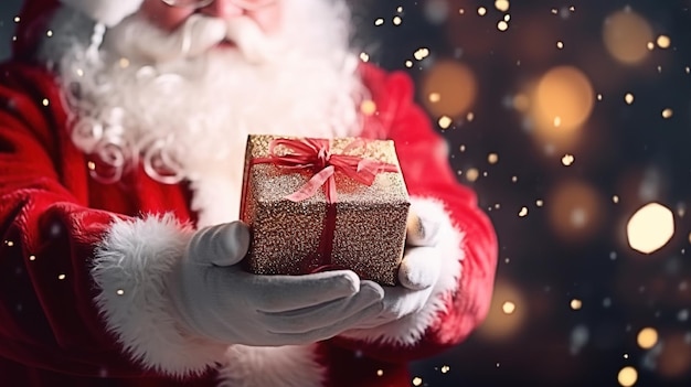 Kerstman geeft een geschenk terwijl hij bij de kerstboom zit Generatieve AI