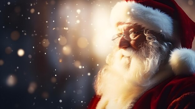 Kerstman gezicht close-up met intreepupil glitter bokeh kopie ruimte achtergrond neuraal netwerk gegenereerd