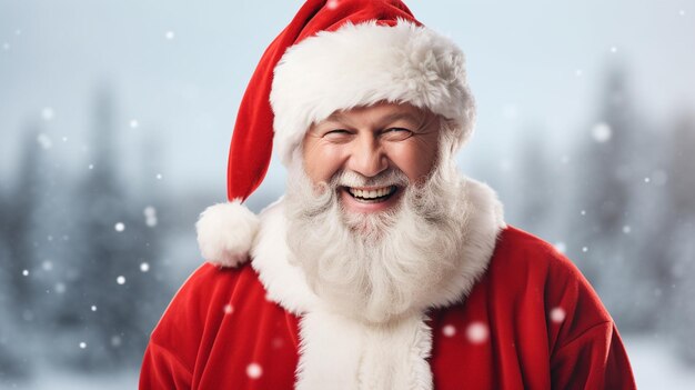 Kerstman in een feestelijke kerstkostuum sjaal staat in een donkere studio sneeuw valt en deelt een hartelijk gelach met de camera terwijl het feestseizoen nadert