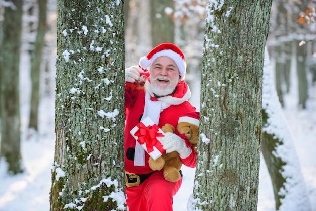 Kerstman in het winterbos met een zak geschenken sneeuwlandschap gelukkig nieuwjaar