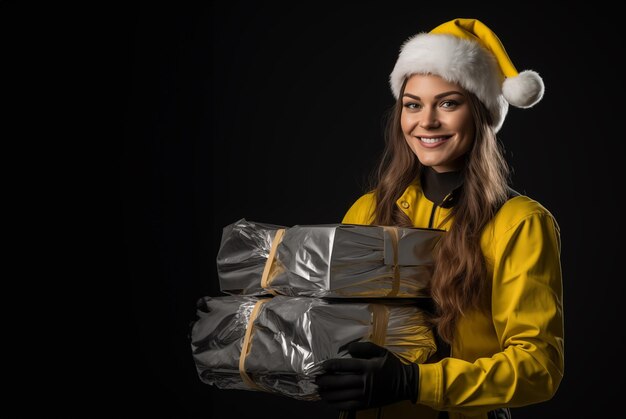 Kerstman kostuum glimlach vrouw werknemer ingenieur met een logistieke pakketten