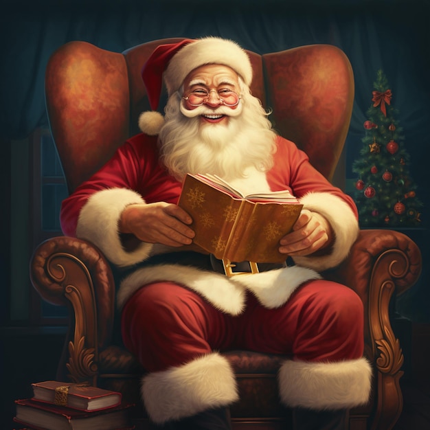 Kerstman leest een boek in een stoel met een kerstboom op de achtergrond generatieve ai