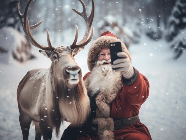 Kerstman maakt een selfie met een van zijn rendieren in het bos.