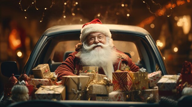 Foto kerstman met een auto vol cadeautjes generative ai
