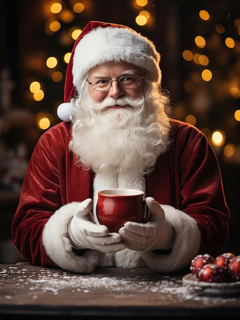 Kerstman met een rode mok in zijn handenfotografie