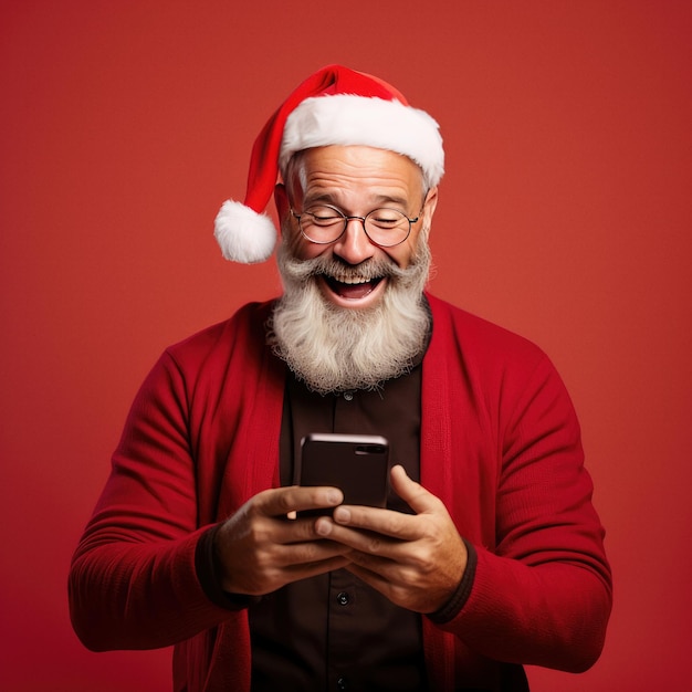 Kerstman met een smartphone geïsoleerd op een kleurrijke achtergrond van de studio
